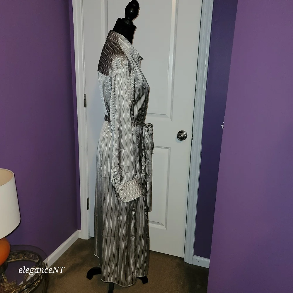 H & M Silver Striped Long Sleeve Button Down Dress Sz: L NWT - Picture 9 of 10